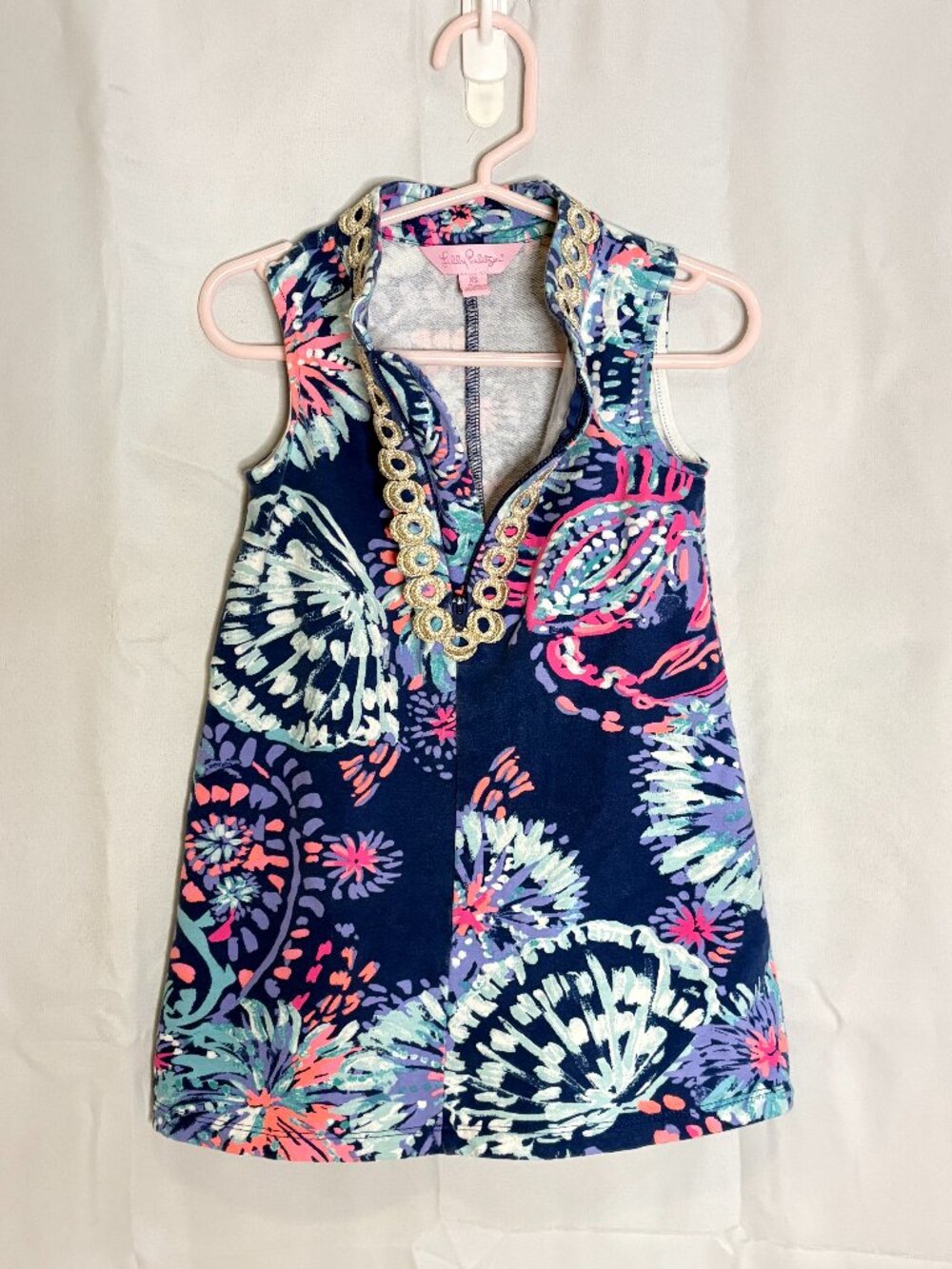 Lilly Pulitzer Girls Sleeveless Shift Dress | Gold Trim | Blue Pink Print | XS 2